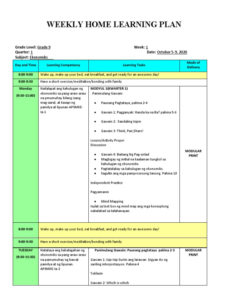 Weekly Home Learning Plan PDF