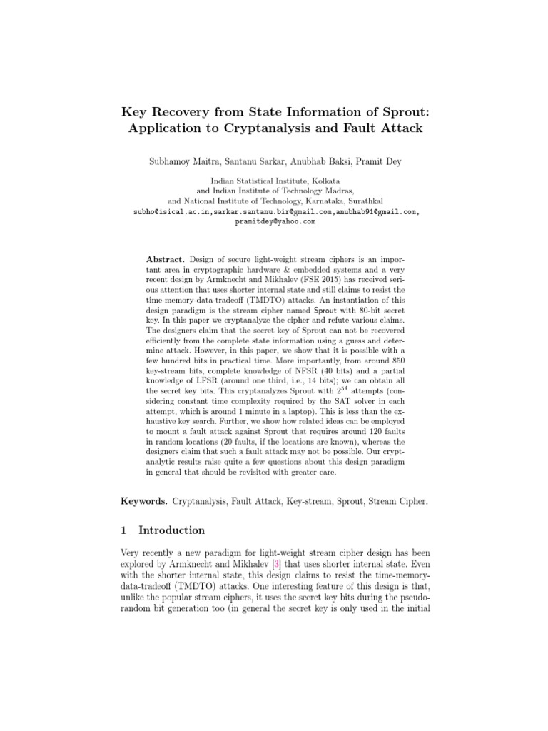 Key Recovery From State Information of Sprout Application To