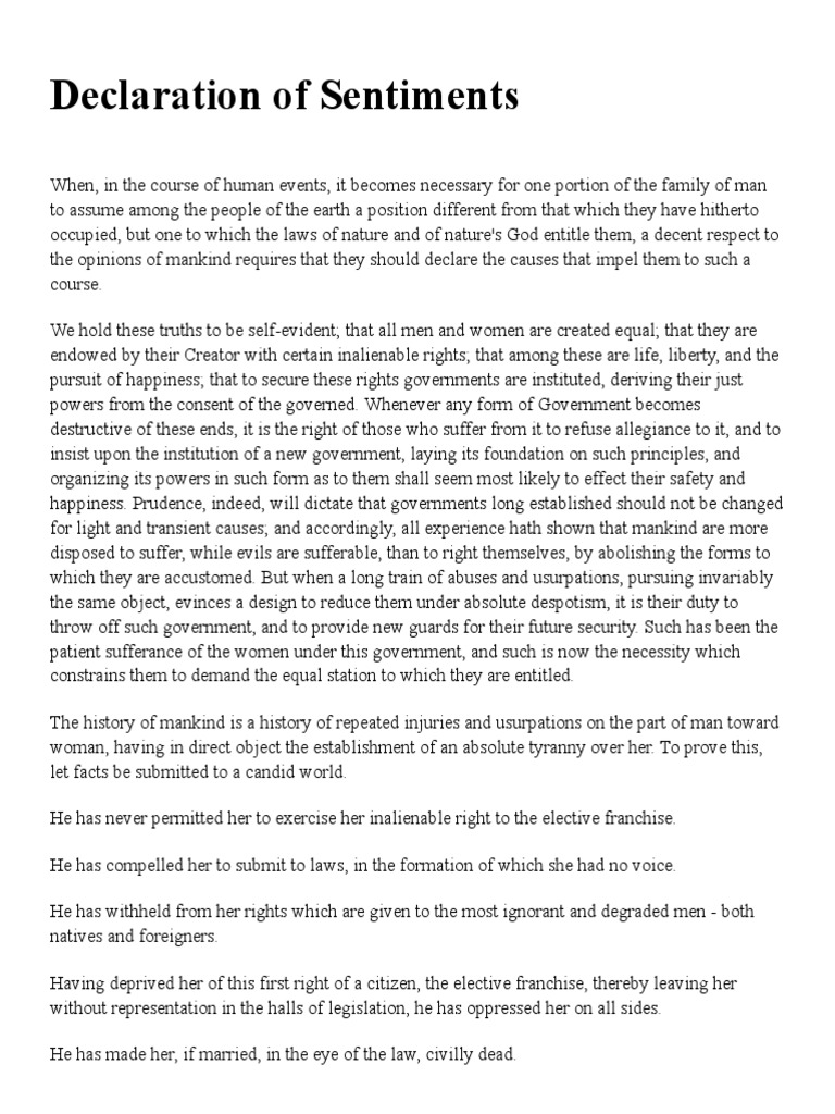 Declaration of Sentiments (Seneca Falls) (1848) PDF Social