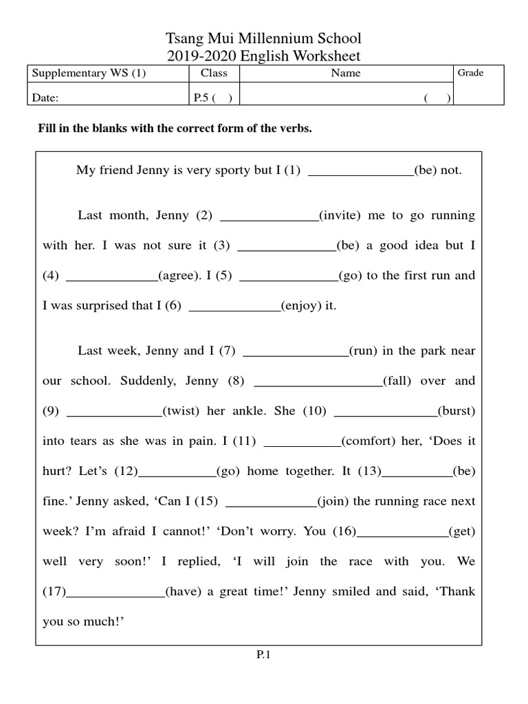 Tsang Mui Millennium School 2019-2020 English Worksheet: Fill in The ...