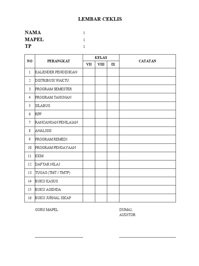 Format Lembar Ceklis Penilaian | PDF