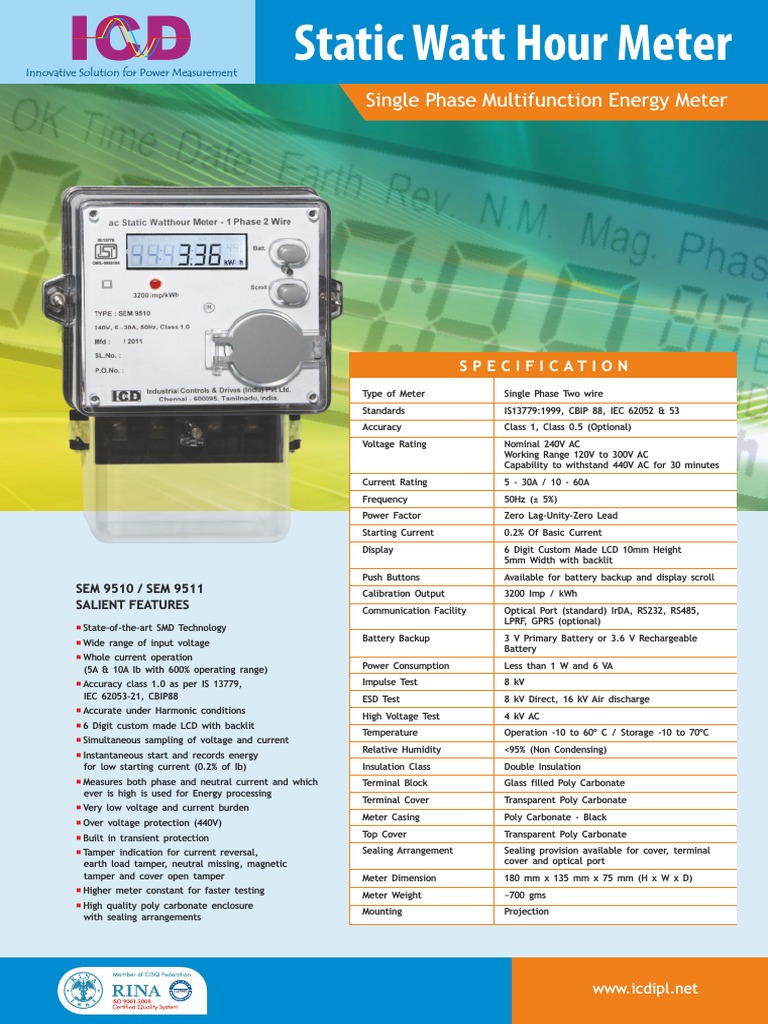 Single Phase Static Energy Meter Specs | PDF | Root Mean Square | Voltage
