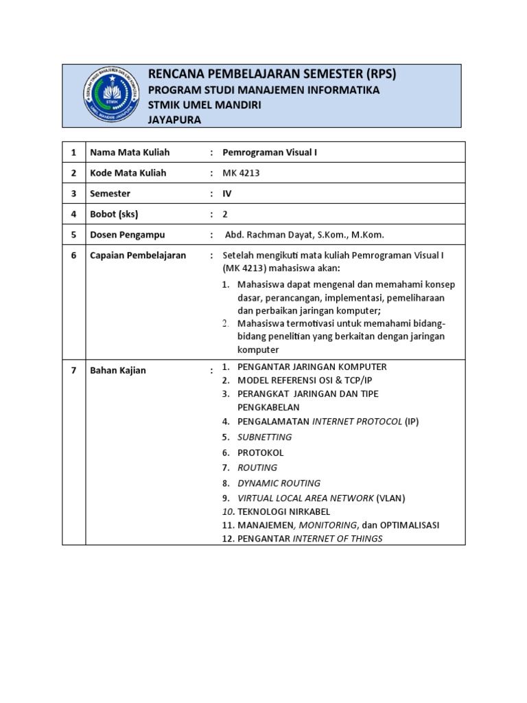 RPS Pemrograman Visual I STMIK Umel Mandiri | PDF | Komputer