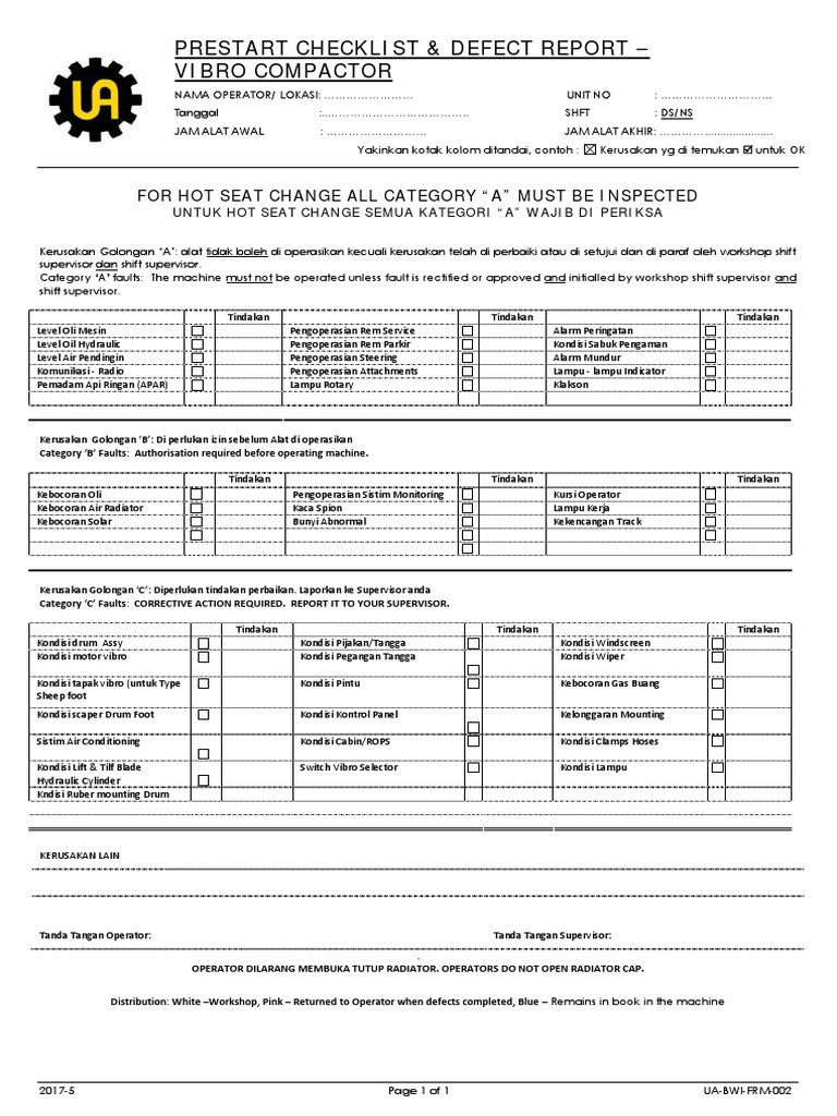 Checklist Praoperasi Vibro Compactor | PDF