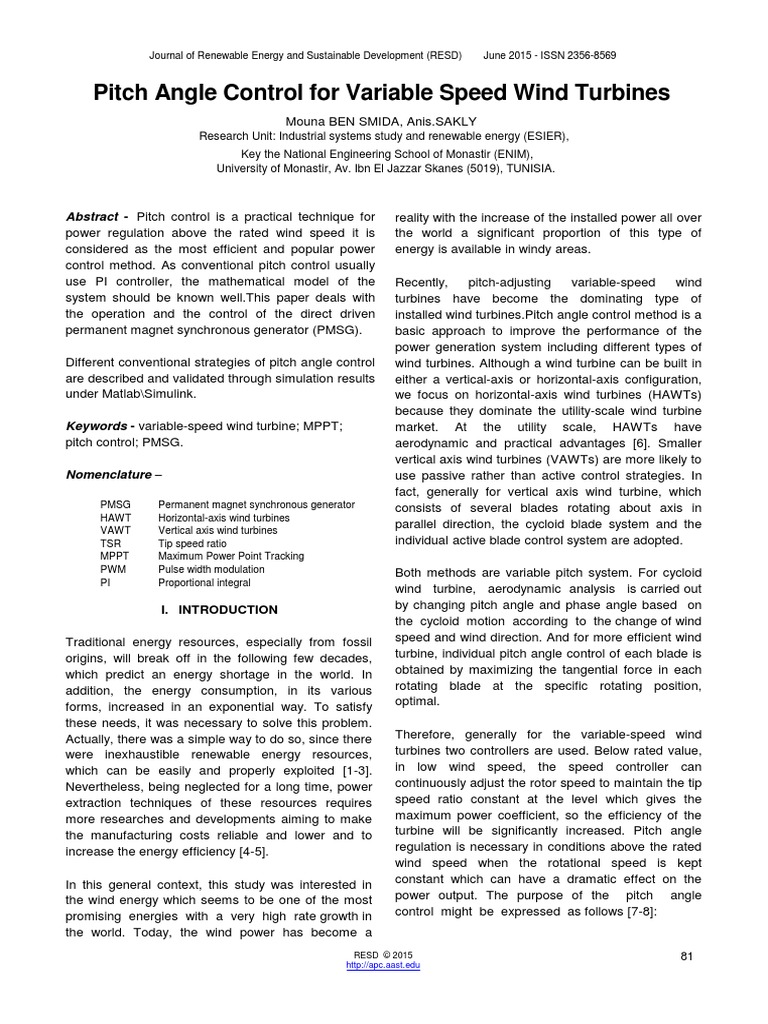 Pitch Angle Control For Variable Speed Wind Turbines PDF Wind