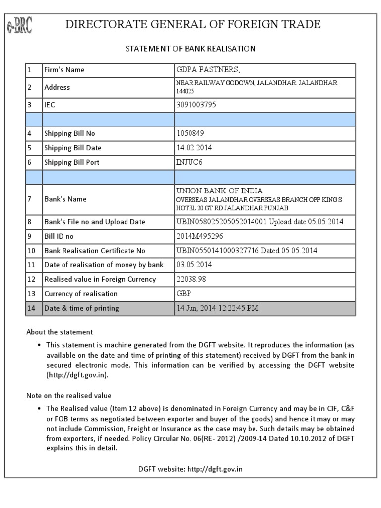 Bank Realisation Certificate Overview | PDF