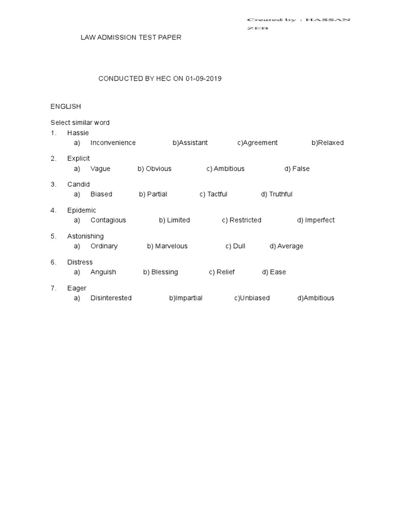 Law Admission Test Paper 2019 | PDF | Pakistan