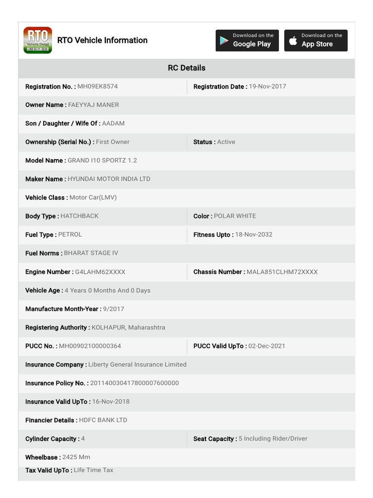 RTO Vehicle Information: RC Details | PDF