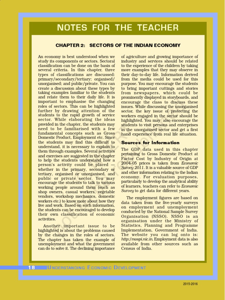 Notes For The Teacher: Chapter 2: Sectors of The Indian Economy | PDF