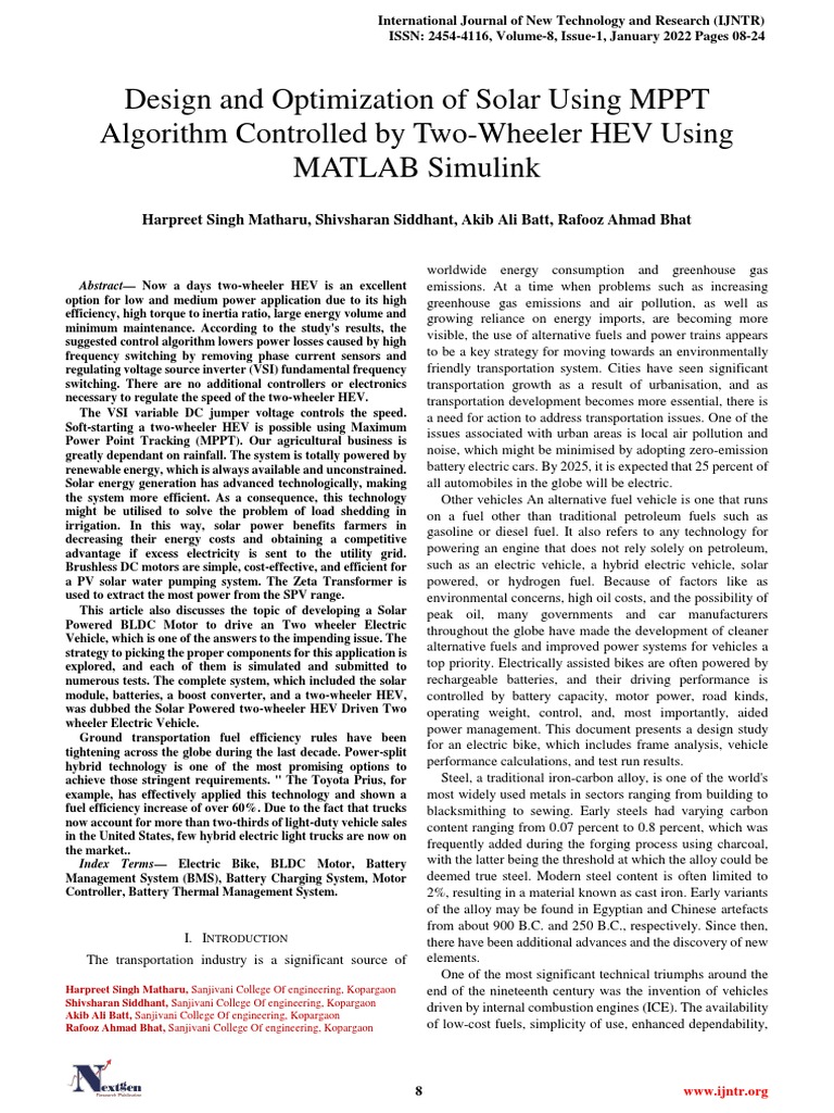 Design and Optimisation of Solar Using MPPT Algorithm For HEV Using ...