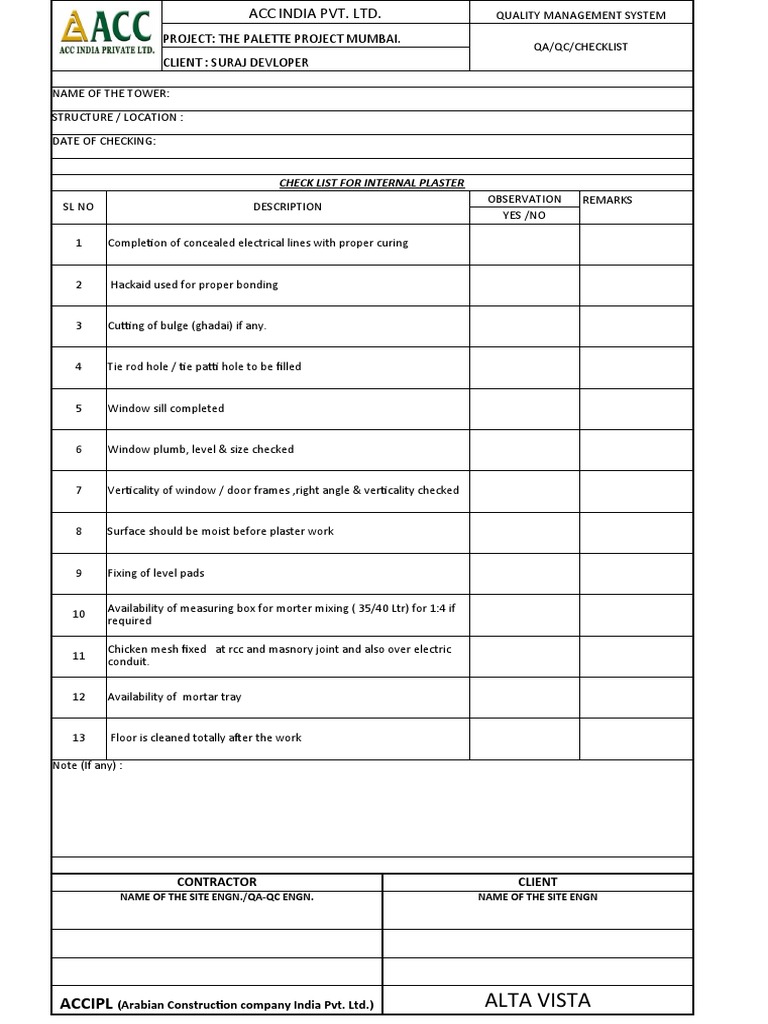 Check List - Internal Plaster | PDF