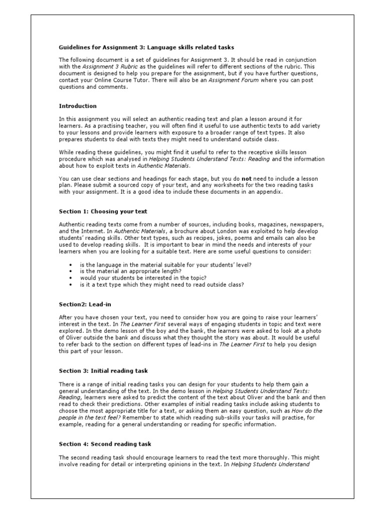 Assignment 3 Language Skills Guidelines | PDF | Reading Comprehension ...