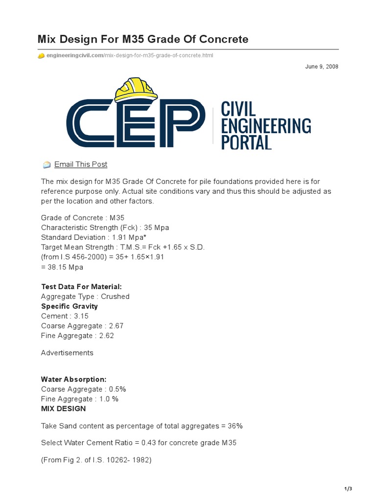Mix Design For M35 Grade of Concrete PDF Concrete Construction