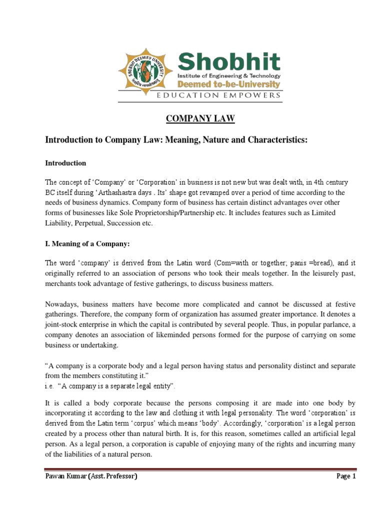 Company Law Introduction To Company Law Meaning, Nature and