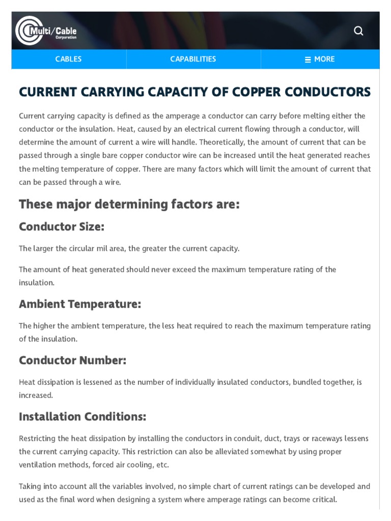 Current Carrying Capacity of Copper Conductors Multi Cable