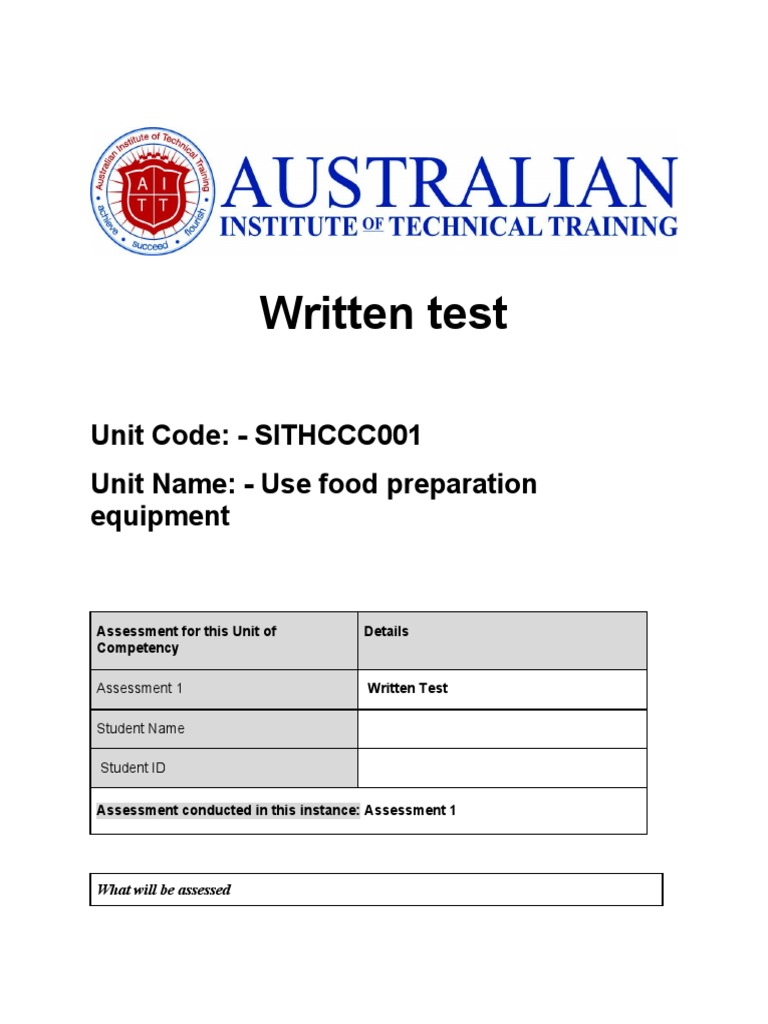 Written Test Unit Code SITHCCC001 Unit Name Use Food Preparation Equipment PDF Salad