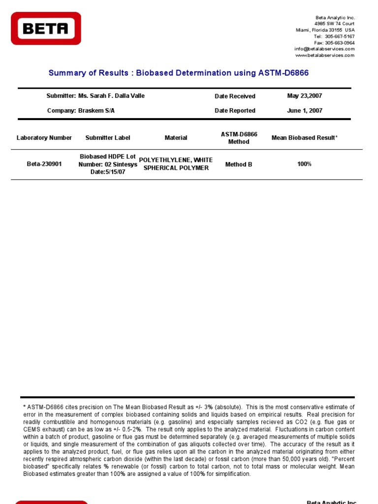 ASTM D6866 Biobased Content Report | PDF | Radiocarbon Dating | Chemistry