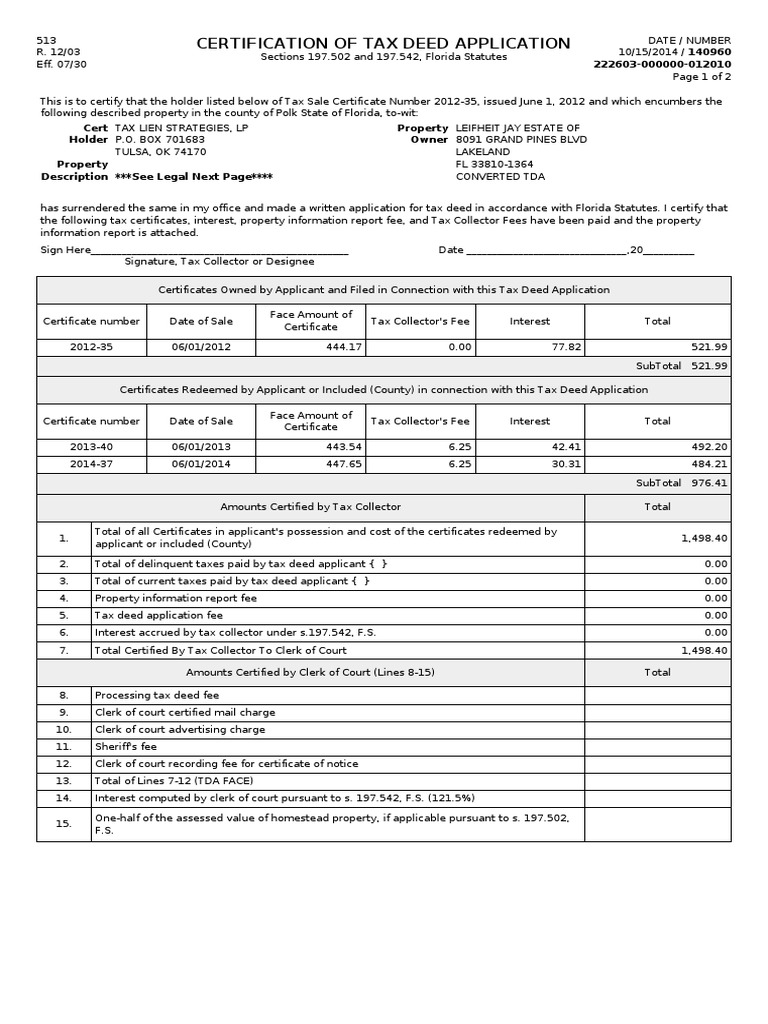 Certification of Tax Deed Application Detailing Property Information