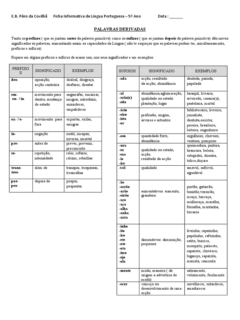 Exemplos de Palavras Derivadas | PDF | Linguística