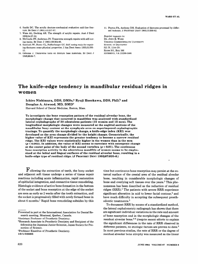 The KnifeEdge Tendency in Mandibular Residual Ridges in Women PDF Osteoporosis Bone