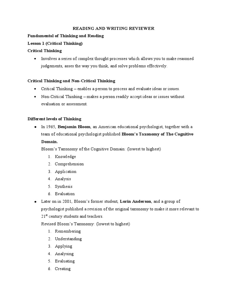 Understanding Critical Thinking, Reading Skills, and Organizing Ideas An Analysis of a Reading