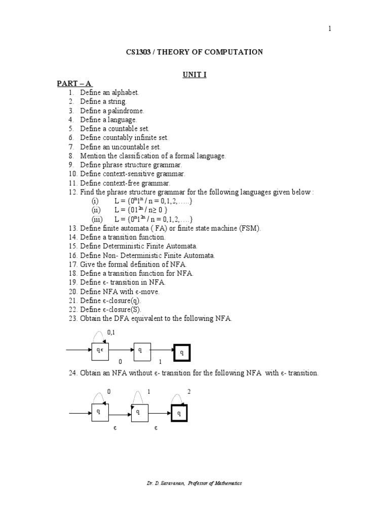 Cs1303 / Theory of Computation Unit I Part - A: N N 2n N 2n | PDF ...