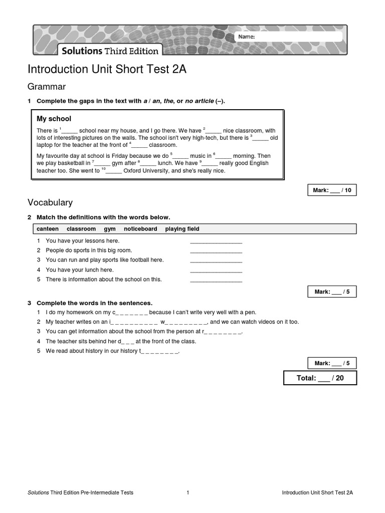 Introduction Unit Short Test 2A: Grammar | PDF | Communication ...