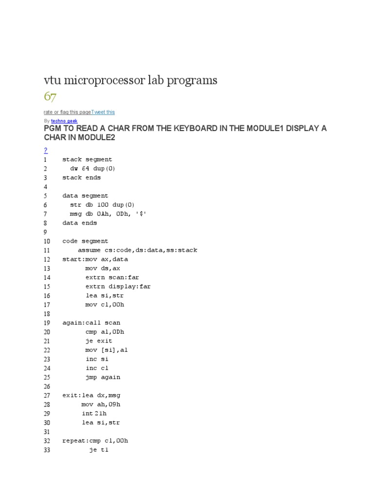Vtu Microprocessor Lab Programs | PDF | Software Engineering | Computer ...