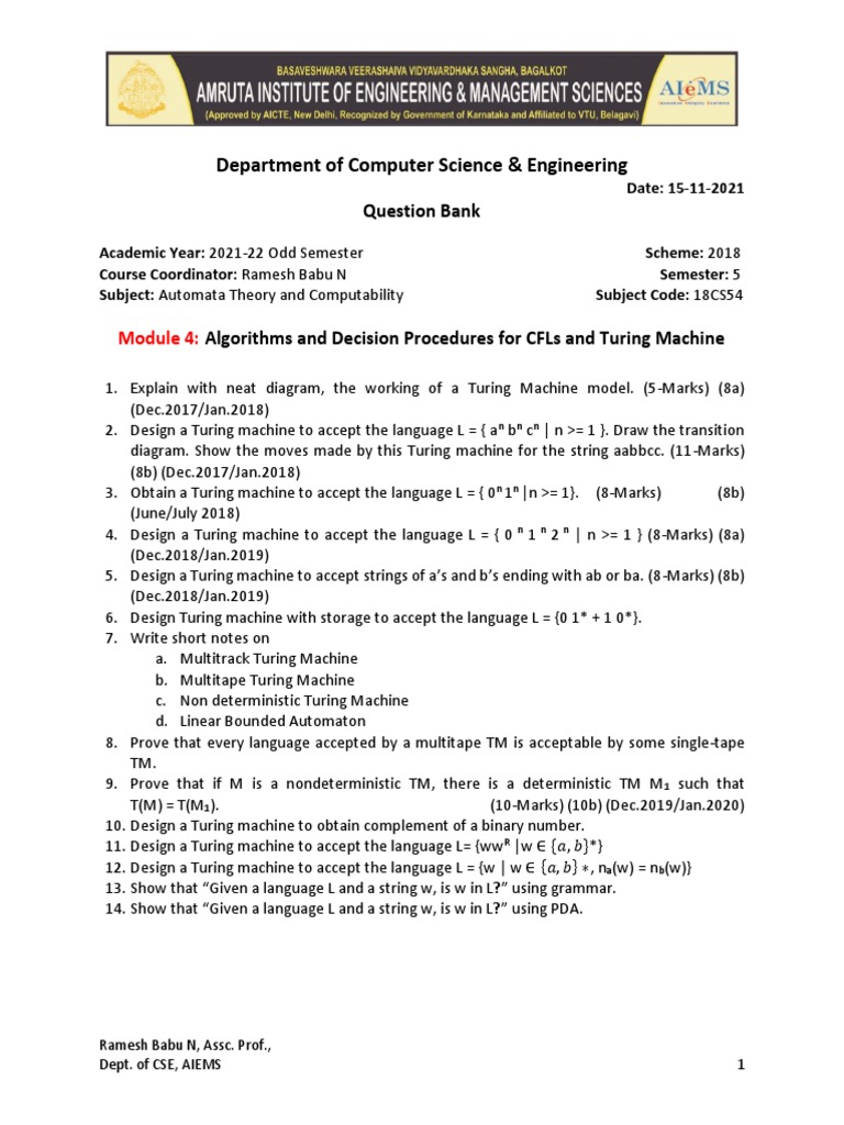 18CS54 Question Bank: Modules 4 & 5 | PDF | Automata Theory | Theory Of ...