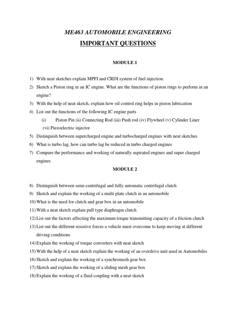 Me463 Automobile Engneering-Important Questions | PDF | Steering | Brake
