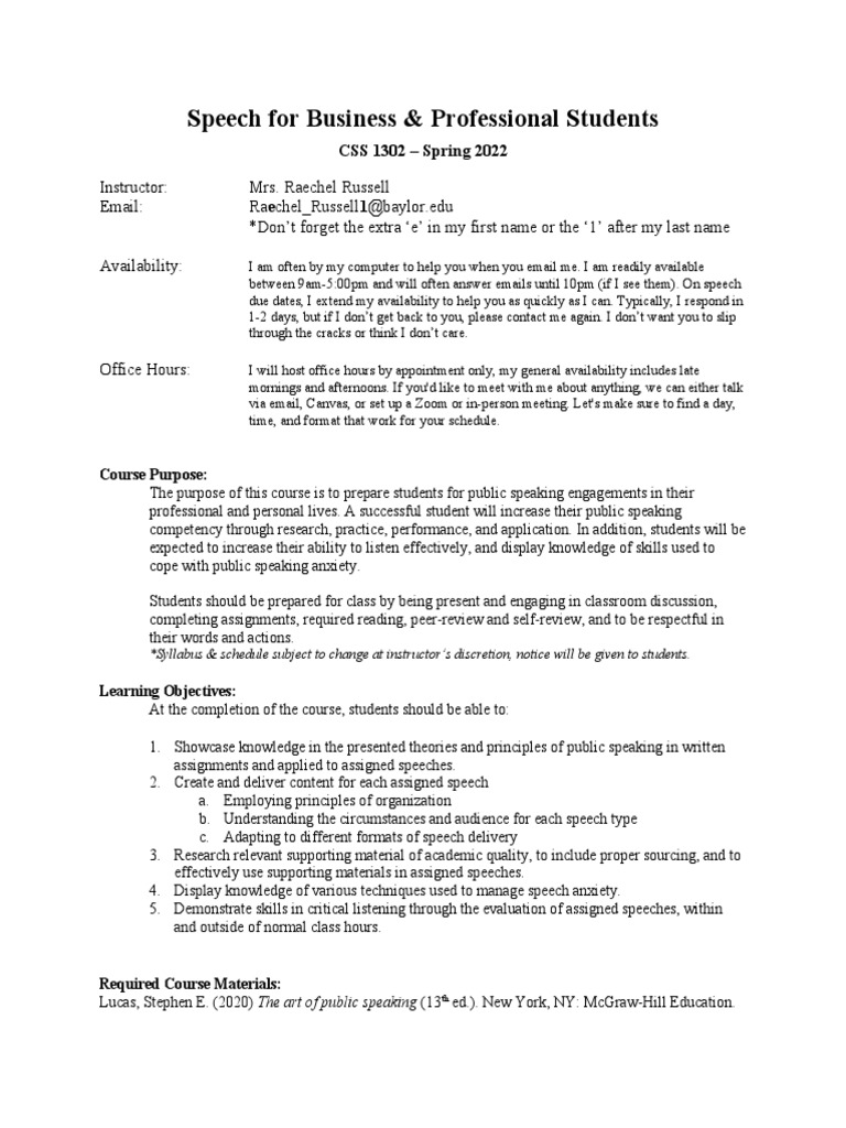 Public Speaking Course Overview 2022 | PDF | Title Ix | Academic Integrity