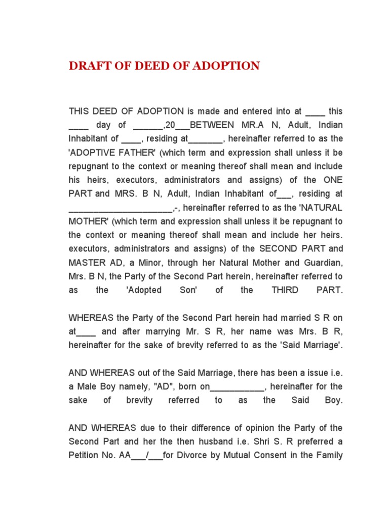 Adoption Deed Draft and Guidelines | PDF | Adoption | Deed