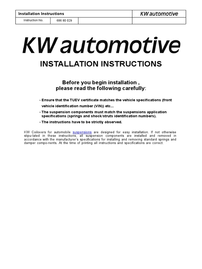 KW Coilover Installation Guide | PDF | Engineering Tolerance | Transport