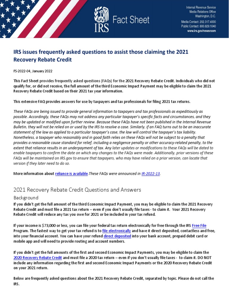 IRS FAQ On The Recovery Rebate Credit PDF Tax Refund Tax Return