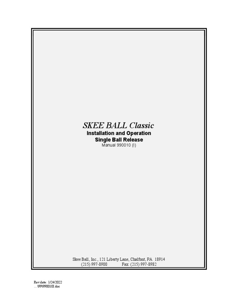 SKEE BALL Classic Installation and Operation Single Ball Release PDF