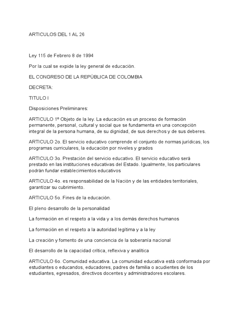 Ley General de Educación en Colombia | PDF | Plan de estudios ...