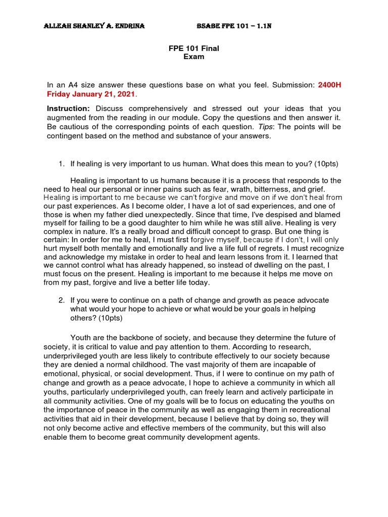 2400H Friday January 21, 2021.: FPE 101 Final Exam | PDF | Forgiveness ...