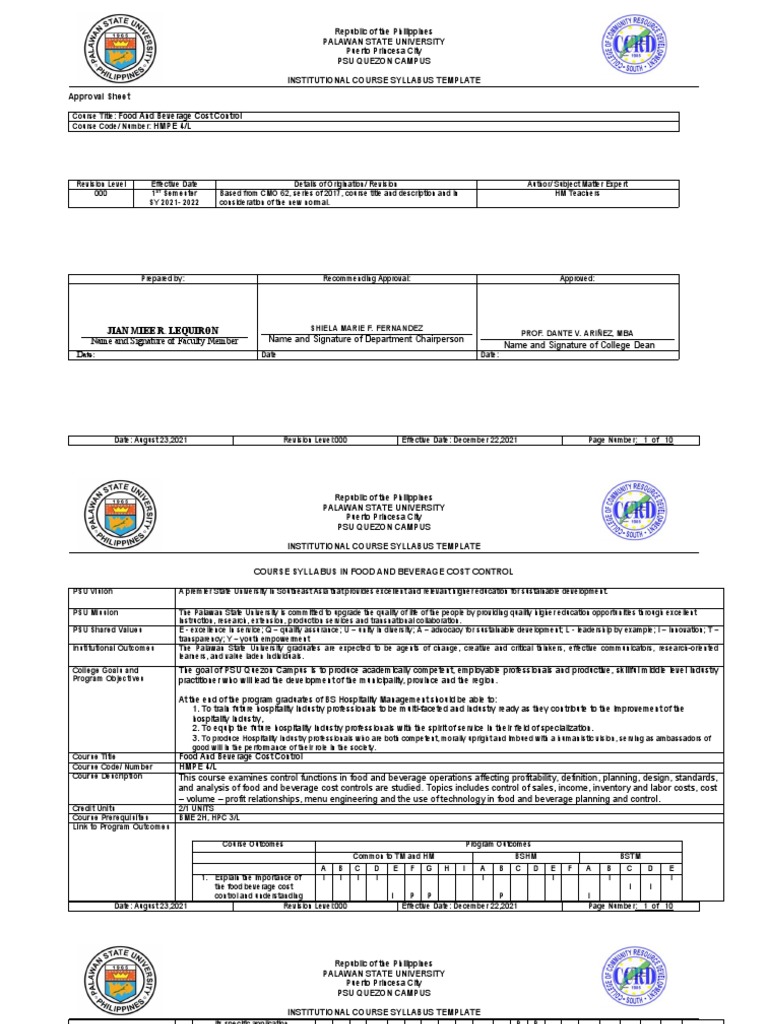 Food and Beverage Cost Control PDF Educational Assessment Test