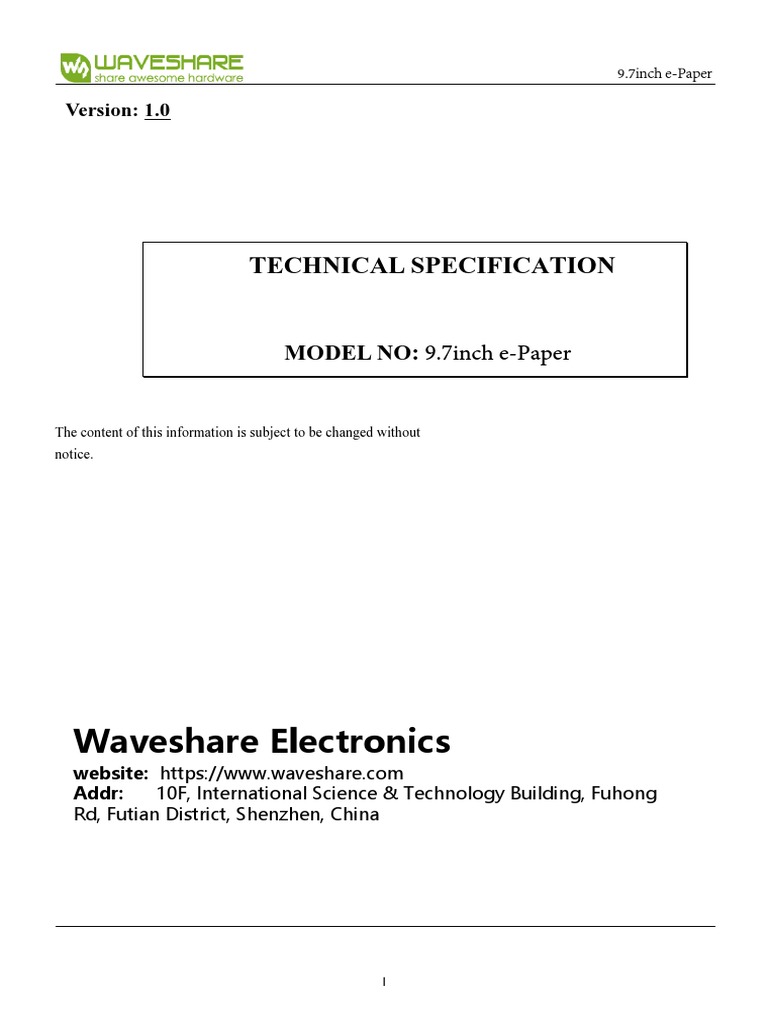9.7-Inch e-Paper Technical Specs | PDF | Power Supply | Electronics