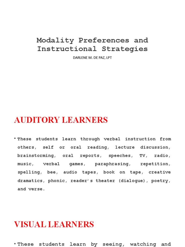 Lesson 4 - Modality Preferences in Euthenics 1 | PDF
