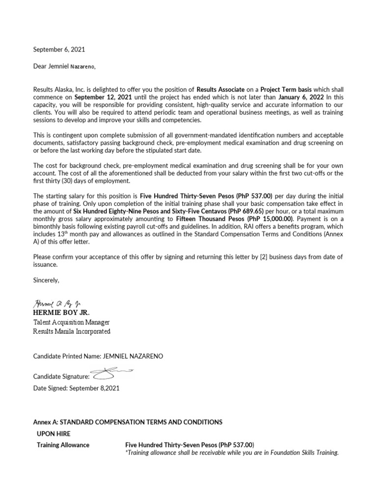 An Offer of ProjectBased Employment as a Results Associate from Results Alaska, Inc. PDF