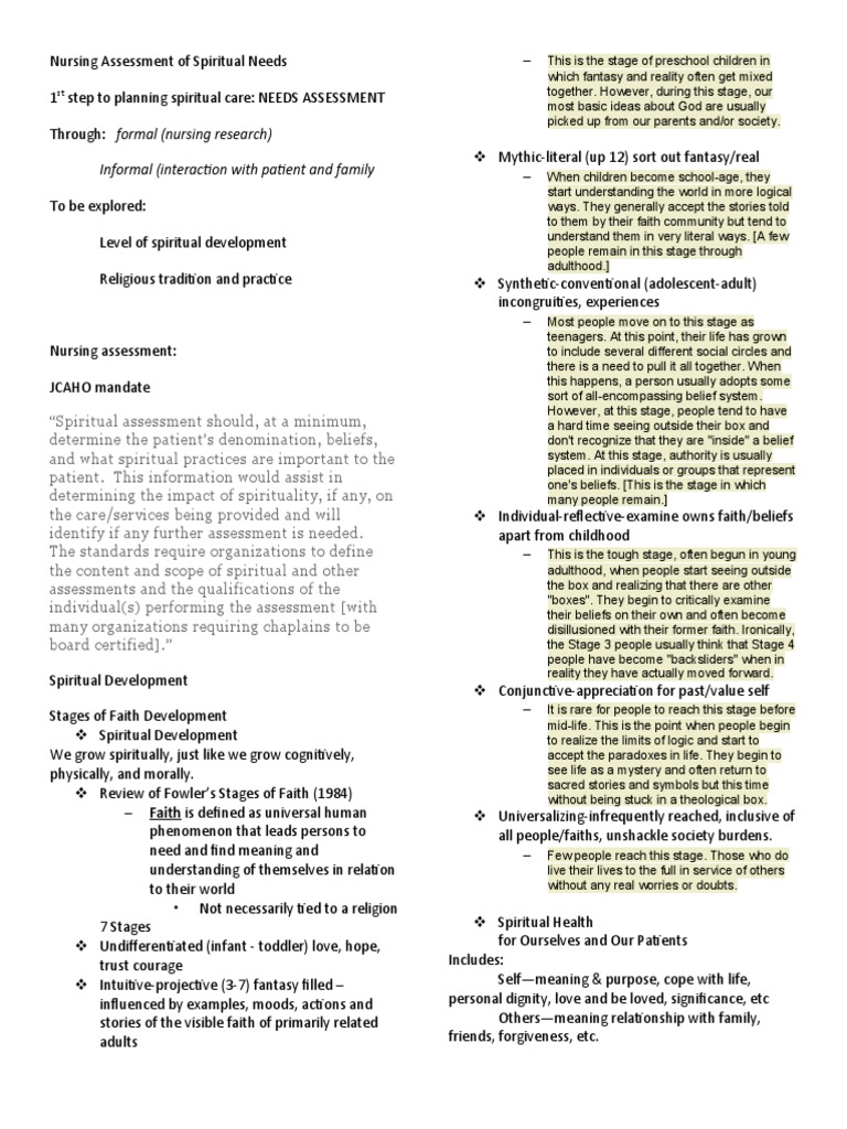 Nursing Assessment of Spiritual Needs | PDF | Faith | Spirituality