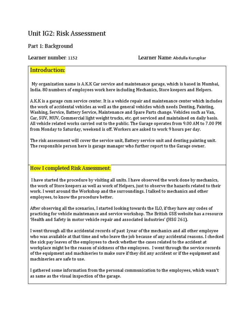 IG2 Risk Assessment for A.K.K Garage | PDF | Employment | Occupational ...