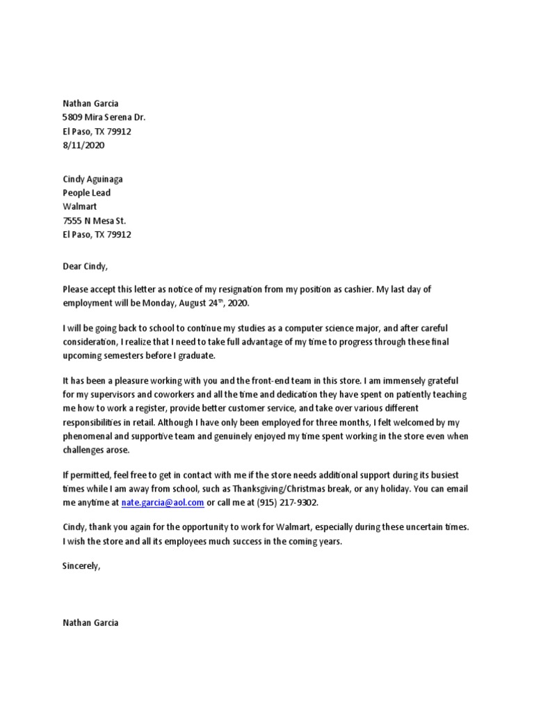 Walmart Resignation Letter PDF