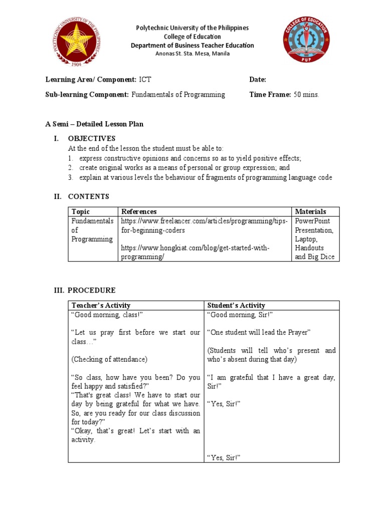 Fundamentals of Programming Lesson Plan | PDF | Computer Programming ...