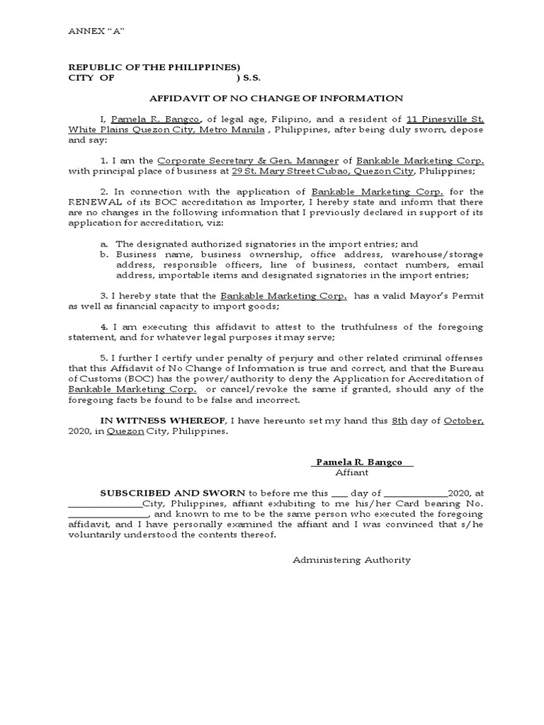 Affidavit of No Change of Information (Actual For BOC) | PDF