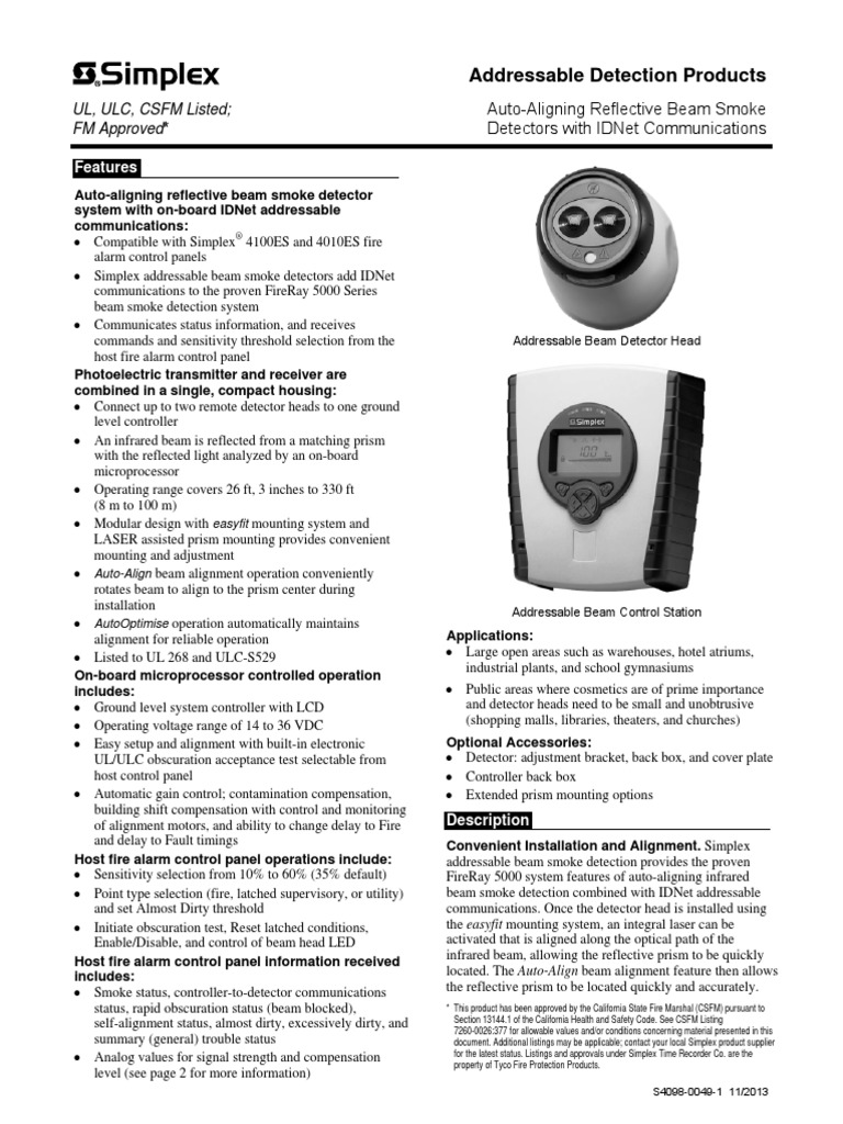 Auto-Aligning Reflective Beam Smoke Detectors With Idnet Communications ...