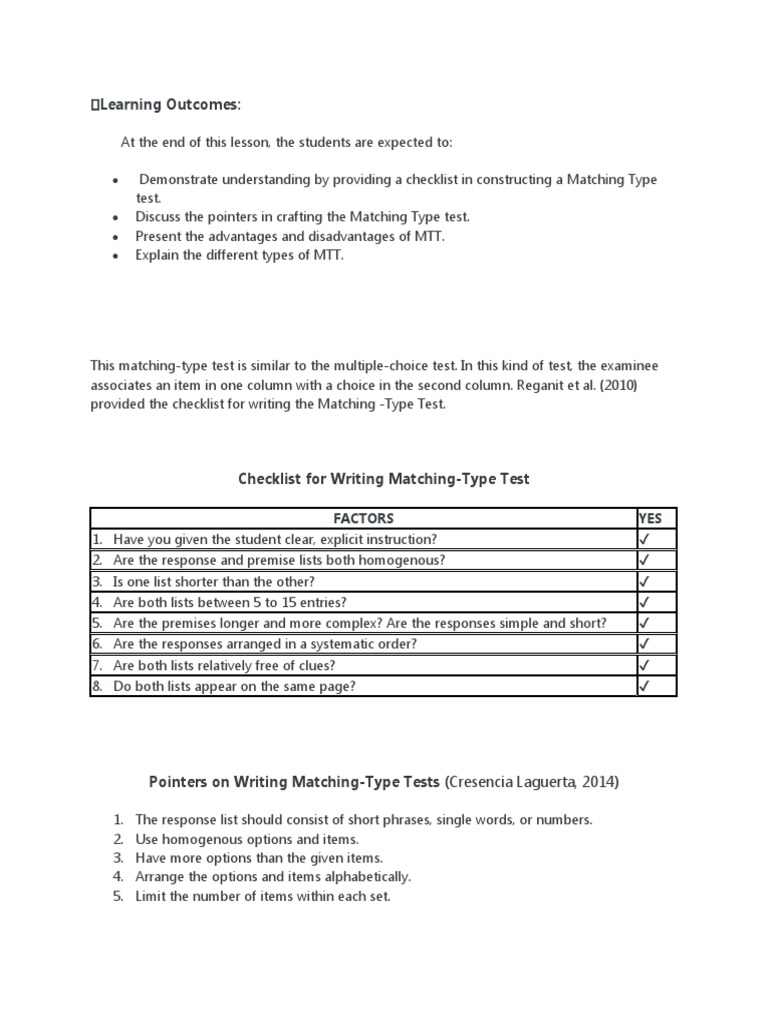 MAtching Type Test | PDF | Test (Assessment) | Education Theory