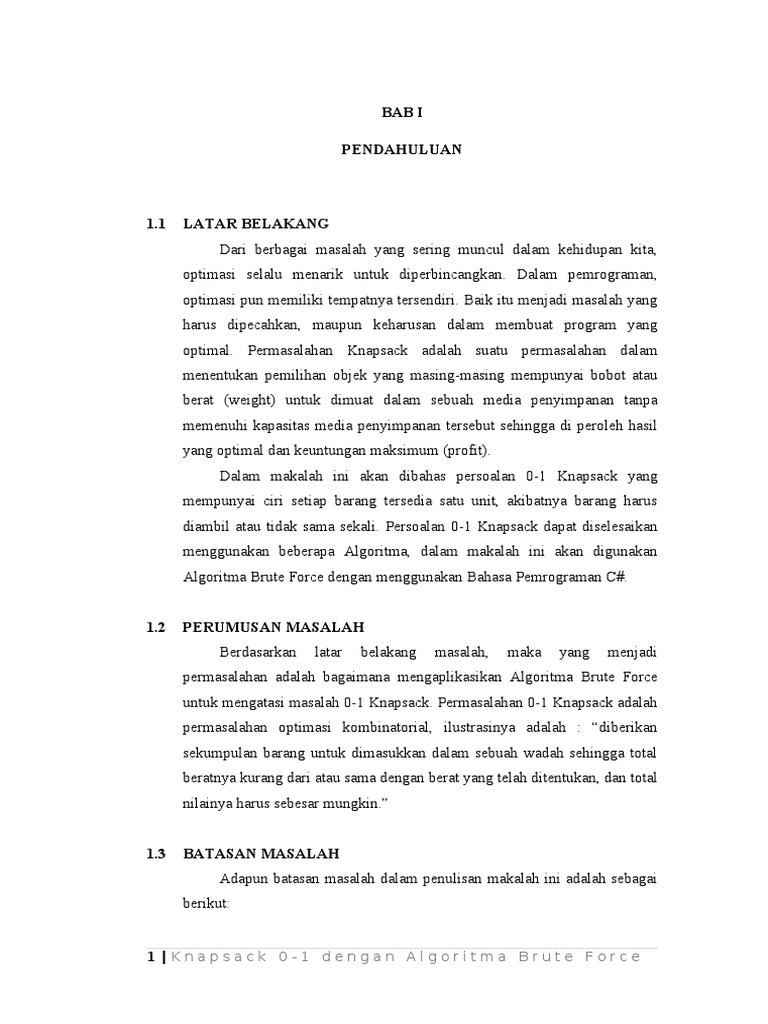 Bab I Pendahuluan: Knapsack 0-1 Dengan Algoritma Brute Force | PDF ...