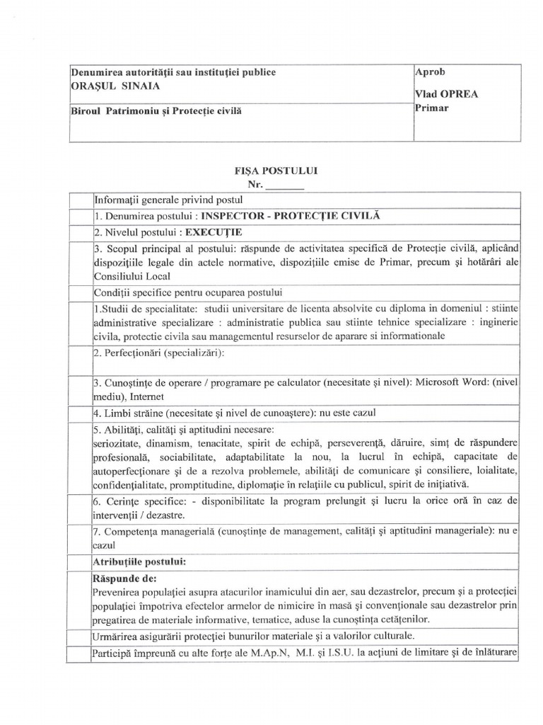 Fisa Post Inspector Protectie Civila | PDF